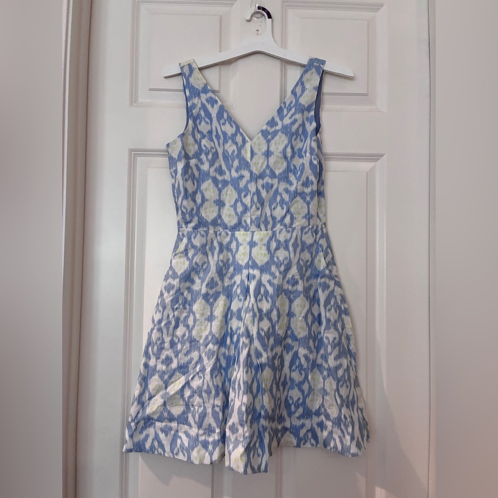 GAP Blue White Linen Sleeveless A line V neck Pleated Dress with pockets - Picture 1 of 8